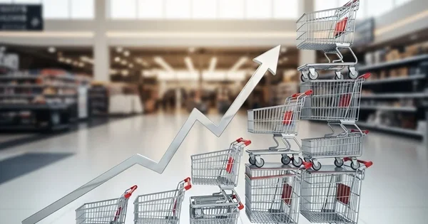 Shopping carts stacked in an upward trend represent rising sales.