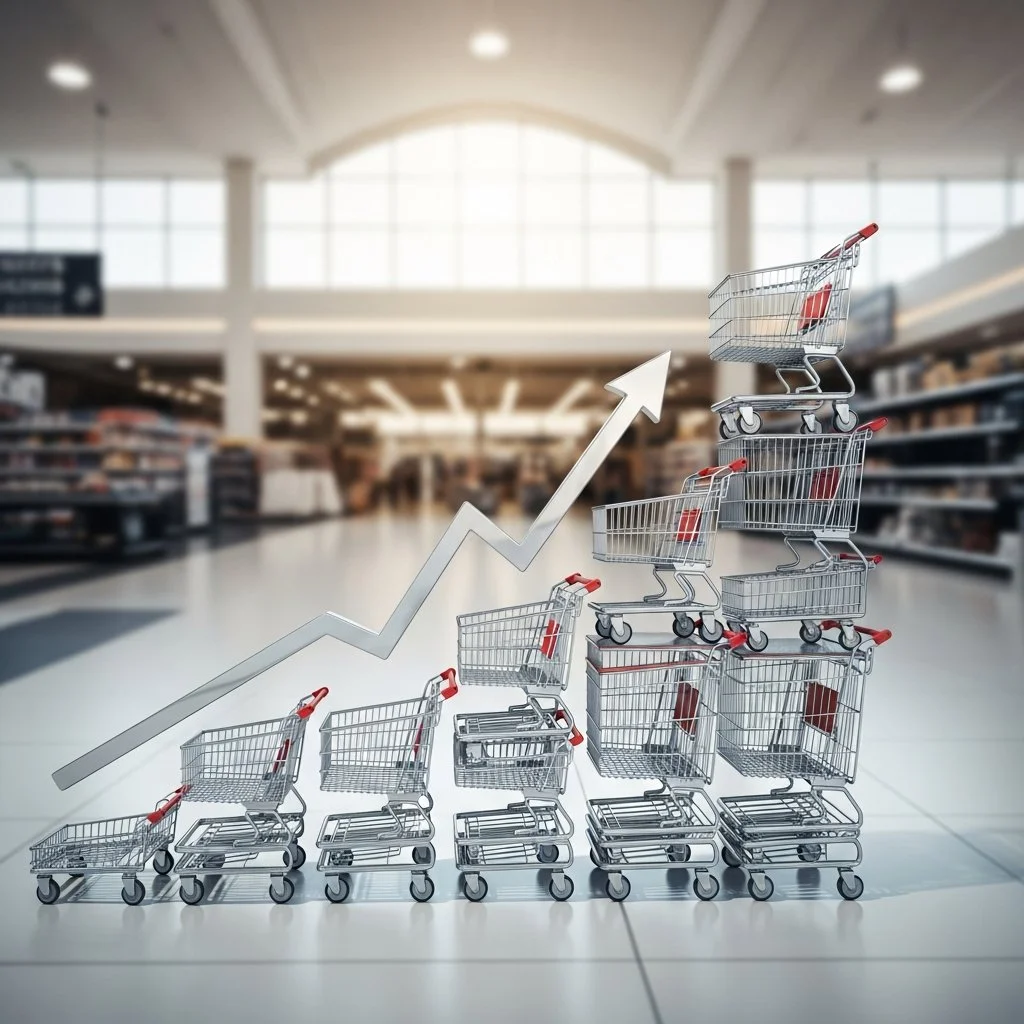 Shopping carts stacked in an upward trend represent rising sales. Shopping carts stacked in an upward trend represent rising sales.