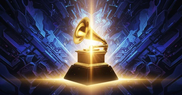 A gold Grammy Award trophy is featured in a promotional graphic with a futuristic blue background.