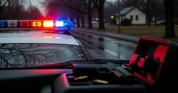 View from inside a police car shows a handgun and ammunition on the dashboard.