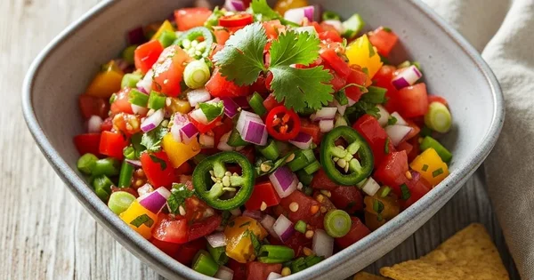 A bowl of fresh salsa sits beside tortilla chips.