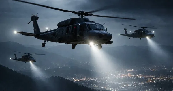 Military helicopters fly a nighttime patrol over a city in a mountainous region.