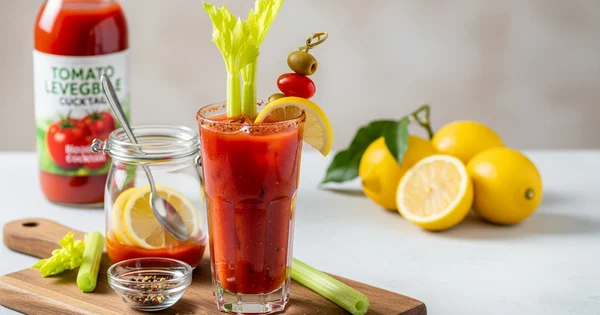 A Bloody Mary cocktail is garnished with celery, a lemon wedge, and olives.
