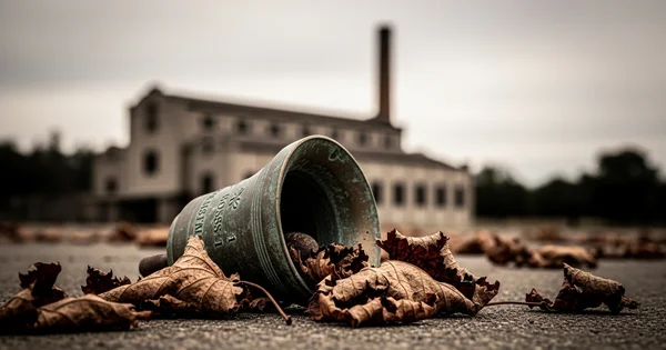 A bell rests on the ground surrounded by fallen leaves near an abandoned factory.
