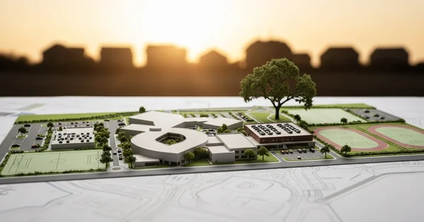 Architectural model of a new school design is displayed.