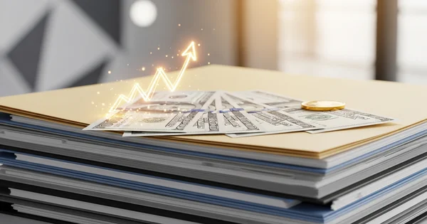 A stack of files is shown with money and an upward trending arrow graphic overlayed.