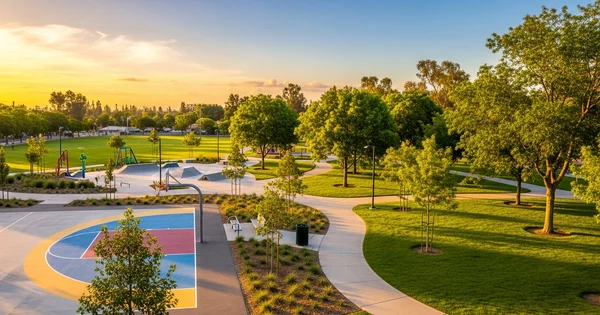 Golden hour light illuminates a newly developed community park featuring a colorful basketball court, skate park, and landscaped walking paths.