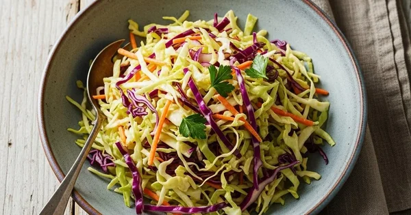 A bowl of coleslaw salad sits on a wooden table with a spoon and a napkin.