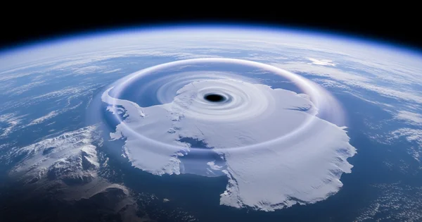 A large storm system swirls over Antarctica.
