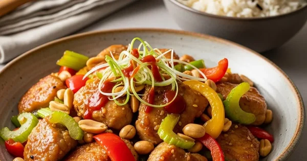 Bowl of Kung Pao chicken with peanuts and vegetables served with rice.