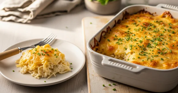 A casserole dish of cheesy pasta sits next to a plated serving of the same dish.