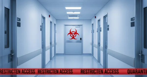 Restricted access tape blocks a clinical hallway marked with a biohazard warning symbol.