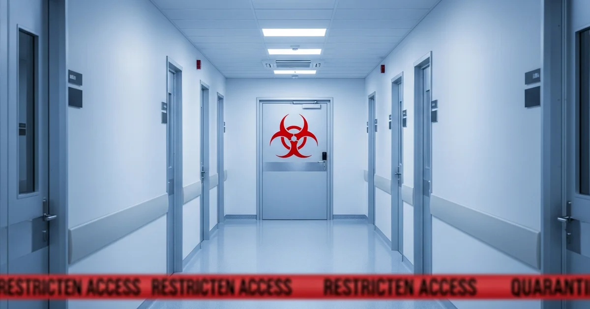 Restricted access tape blocks a clinical hallway marked with a biohazard warning symbol. Restricted access tape blocks a clinical hallway marked with a biohazard warning symbol.