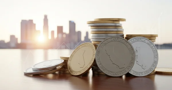 Stacks of gold and silver coins featuring the outline of California sit in front of a city skyline.