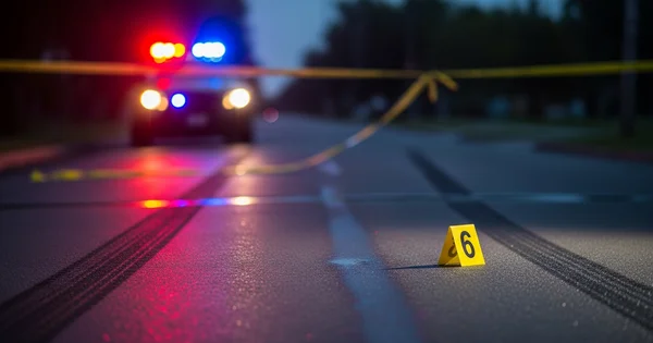 Police investigate a scene with skid marks and evidence markers.