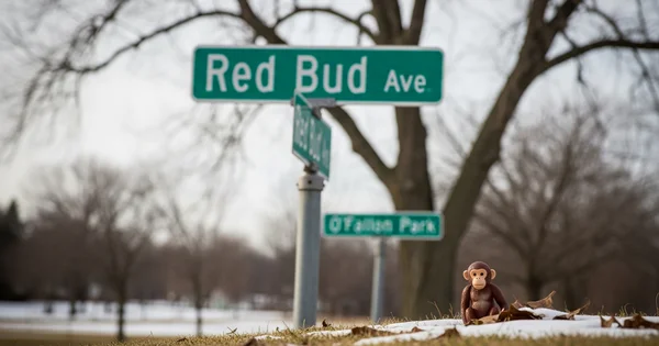 A toy monkey sits near a Red Bud Ave street sign.