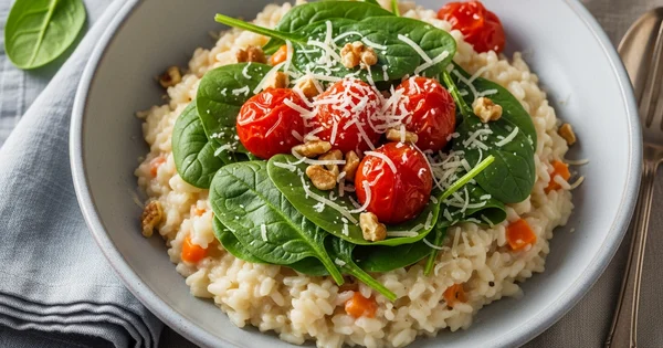 Risotto with spinach and tomatoes is served in a bowl.