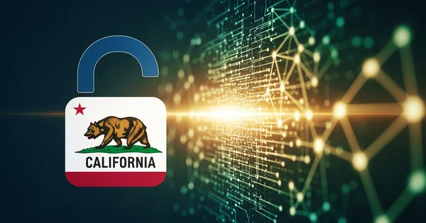 California state flag is shown as an unlocked padlock in front of a digital network.