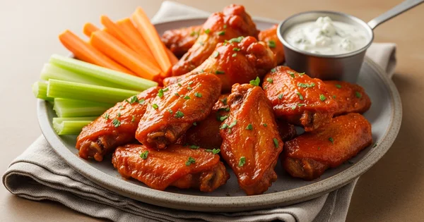 A plate of buffalo wings is served with carrot and celery sticks and blue cheese dressing.