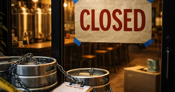 A brewery stands closed with a final notice posted near chained equipment.