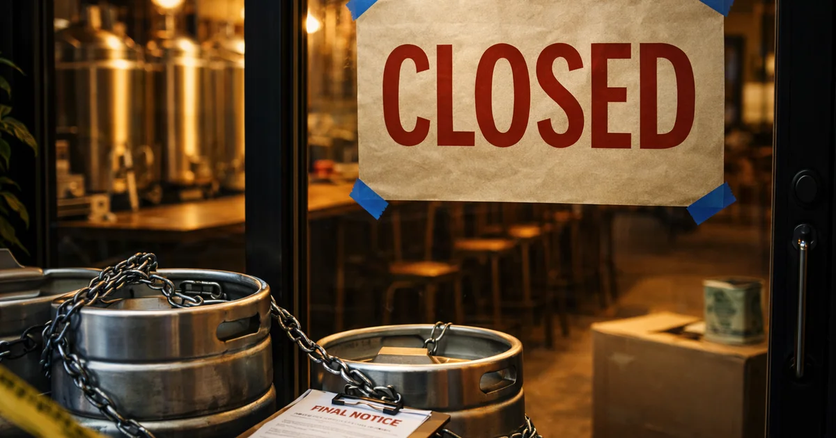 A brewery stands closed with a final notice posted near chained equipment. A brewery stands closed with a final notice posted near chained equipment.
