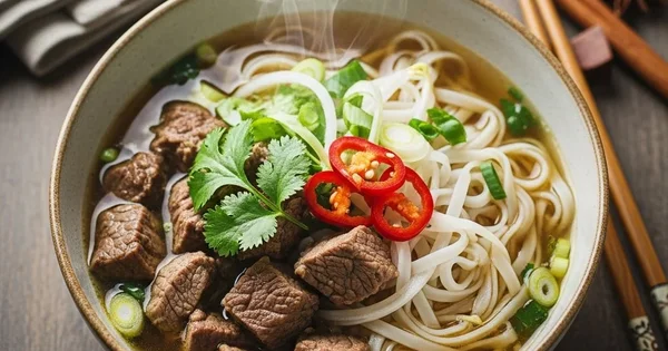A bowl of steaming pho sits on a wooden table.