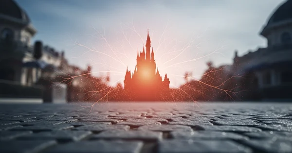 Glowing light patterns radiate from the silhouette of a theme park castle.