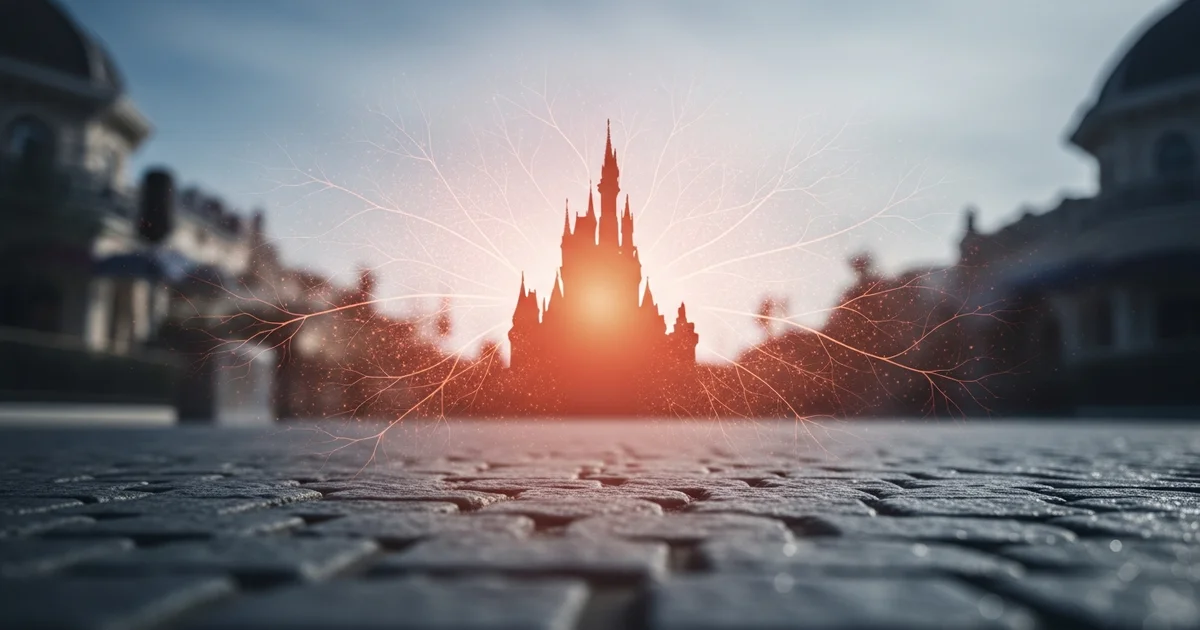Glowing light patterns radiate from the silhouette of a theme park castle. Glowing light patterns radiate from the silhouette of a theme park castle.
