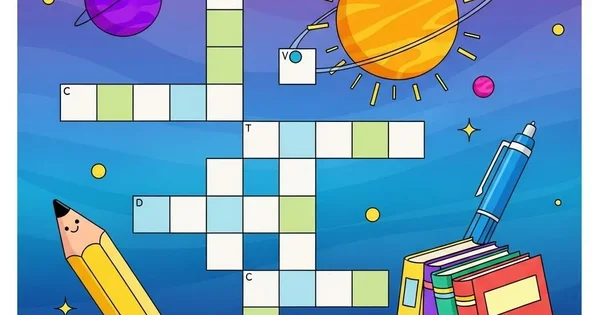 A cartoon image shows a crossword puzzle with space-themed illustrations, including planets, stars, a sun, books, and writing utensils.