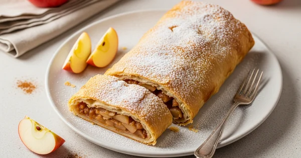 A slice of apple strudel is served on a plate with apple slices.