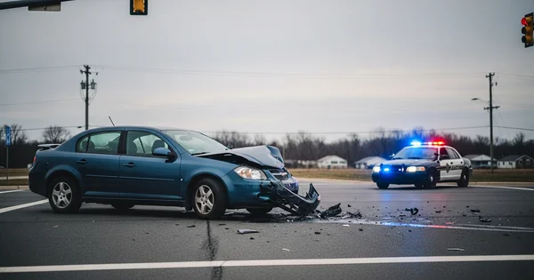 A car sits damaged in the road following an accident as a police car arrives at the scene.