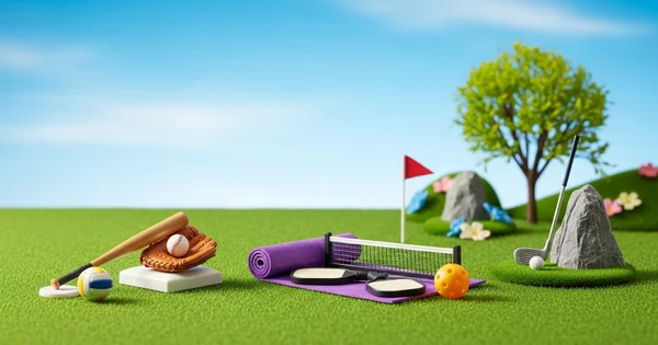 A variety of miniature sports equipment, including baseball, pickleball, and golf sets, is displayed on a grassy field.