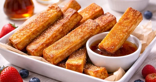 French toast sticks are served with maple syrup and berries.