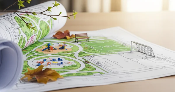 Architectural blueprints and miniature models outline the proposed design for a new community park.