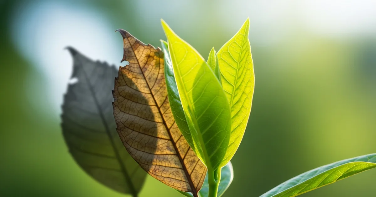 New green leaves emerge alongside a dried brown leaf, illustrating the natural cycle of plant growth and decay. New green leaves emerge alongside a dried brown leaf, illustrating the natural cycle of plant growth and decay.
