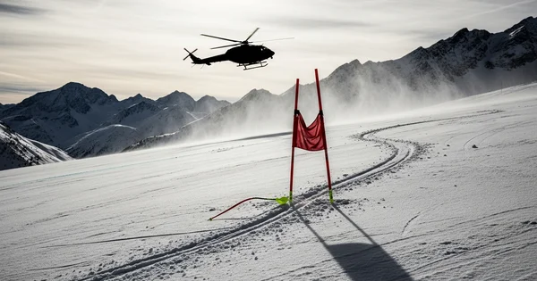A helicopter flies low over a mountain ski slope, blowing snow across a slalom race course.