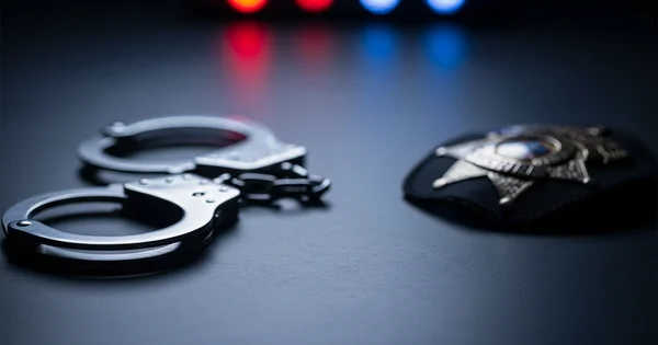 Handcuffs and a police hat sit on a table with police lights in the background.