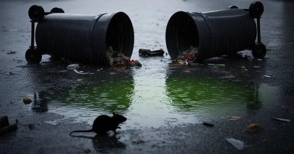 Trash spills from overturned bins onto a rain-slicked street as a rat scurries nearby.