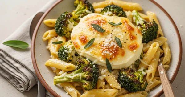 A plate of pasta with broccoli and a baked cheese topping is served.