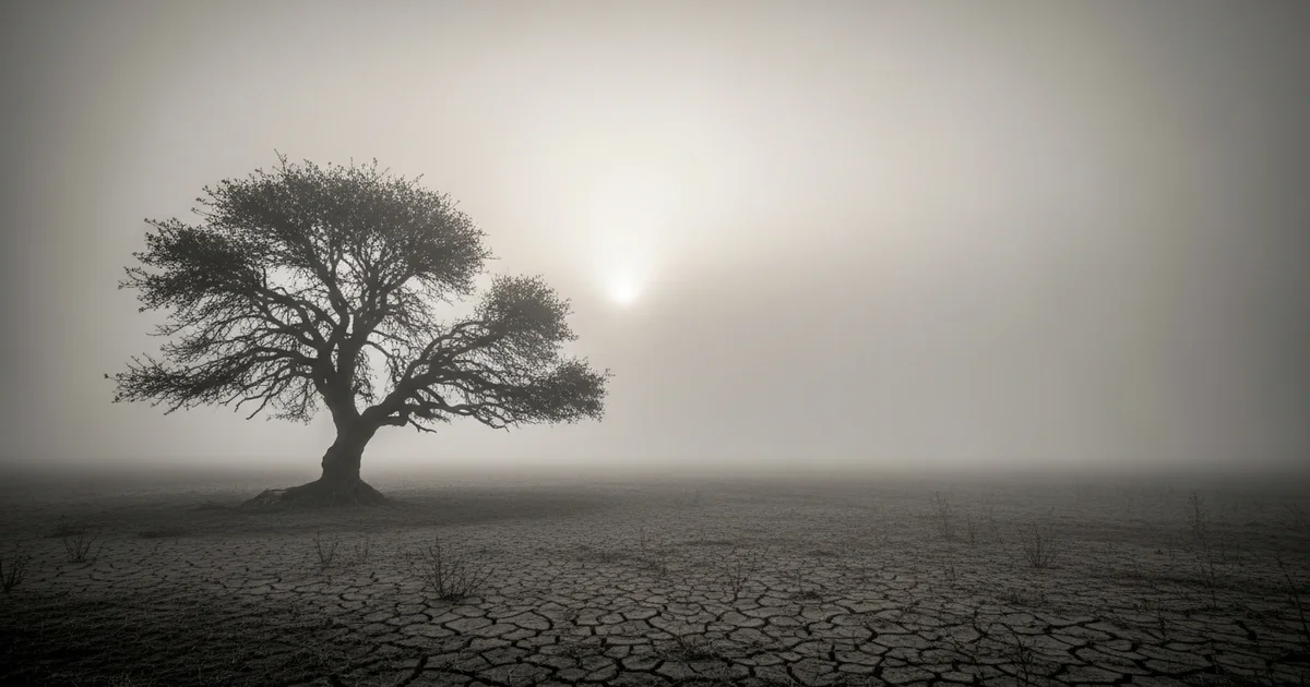 A lone tree stands on parched, cracked earth as heavy fog covers a drought-stricken region. A lone tree stands on parched, cracked earth as heavy fog covers a drought-stricken region.
