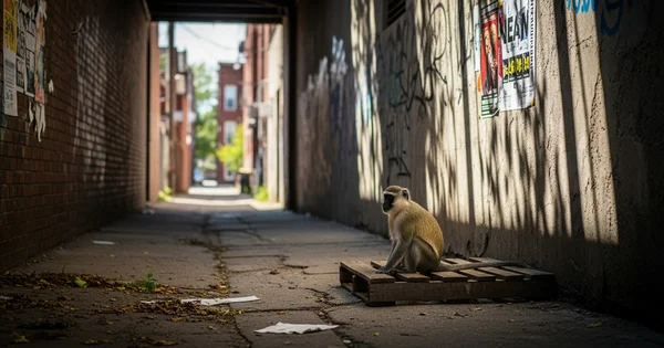 A monkey sits on a pallet in an alleyway.