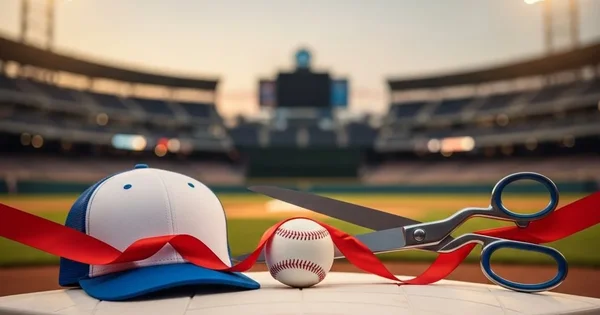Baseball, hat, and scissors sit on home plate with a red ribbon, signifying a grand opening.