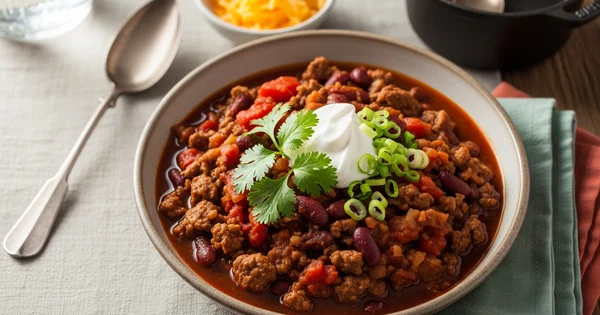 A bowl of chili is topped with sour cream and cilantro.