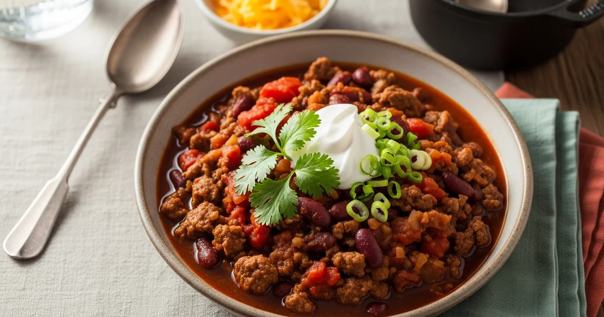 A bowl of chili is topped with sour cream and cilantro. A bowl of chili is topped with sour cream and cilantro.
