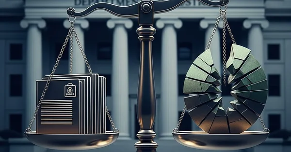 Scales of justice weigh documents and a broken disc in front of a government building.