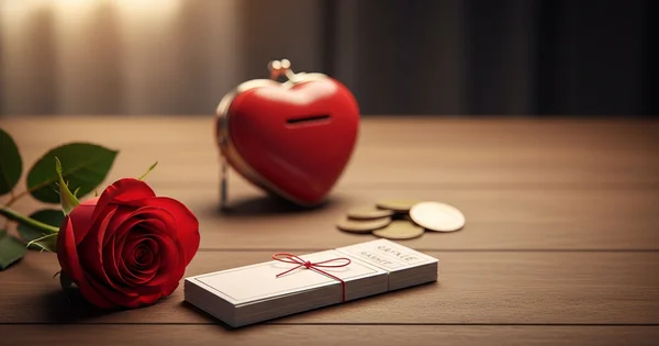 Image shows a red rose, raffle tickets tied with red string, gold coins, and a heart-shaped coin purse on a wooden surface.