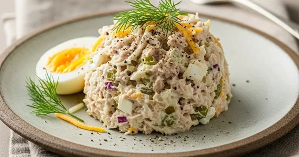 Tuna salad sits on a plate with a sliced egg.