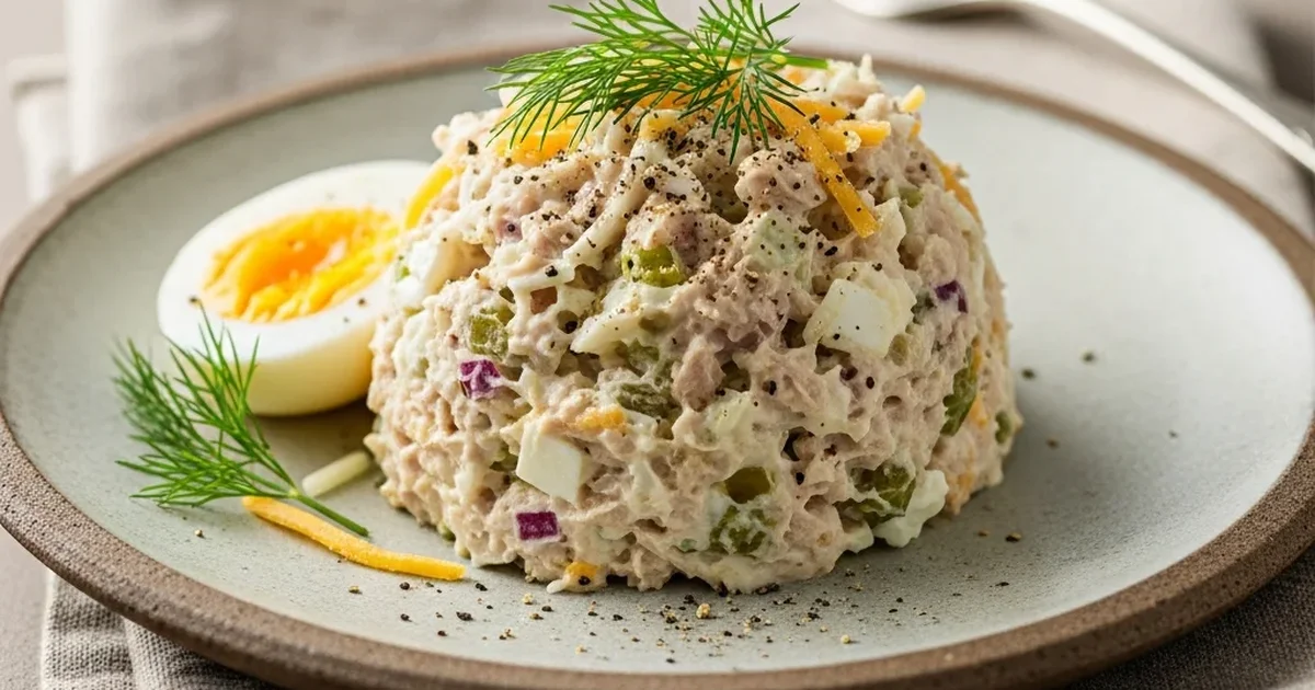 Tuna salad sits on a plate with a sliced egg. Tuna salad sits on a plate with a sliced egg.