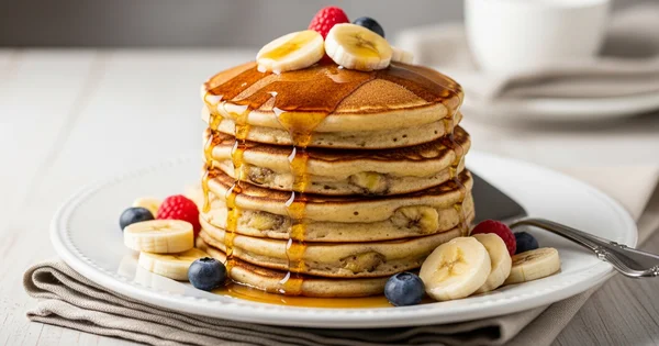 Stack of pancakes topped with syrup and fruit sits on a plate.