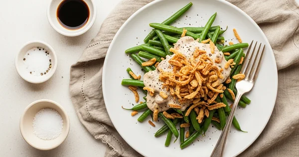 A plate of green bean casserole is ready to be served.